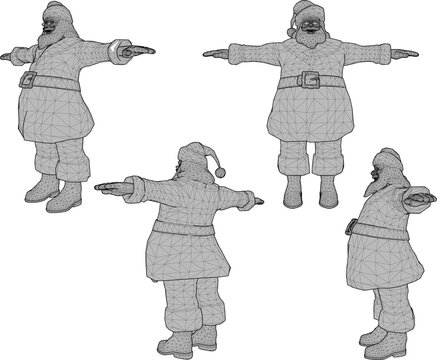 High-contrast isometric 3D character reference of Santa Claus in a default rigging T-pose isolated on a white background for digital artists