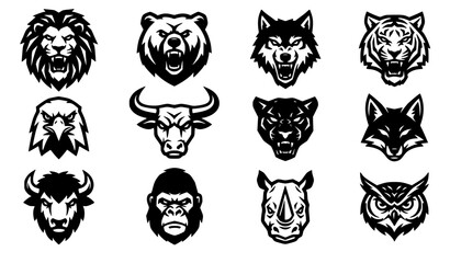 Wild Animal Mascot Logo Collection Vector Set with Lion Bear Wolf Tiger Eagle and Bull Head Emblems Isolated on White © MstMomena