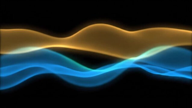 Vibrant glowing waves of blue and gold undulate across a dark background
