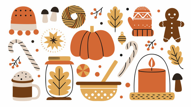 Autumn themed vector illustration featuring pumpkins gingerbread knitted mittens and seasonal foliage on a white background