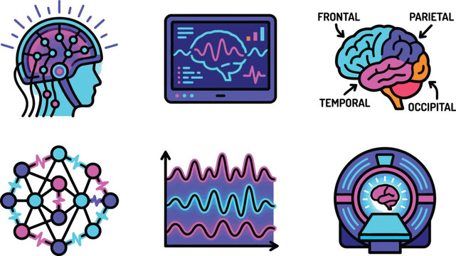 Collection of neuroscience and brain activity icons featuring modern flat vector illustrations for medical research AI and data analysis concepts