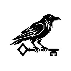 Obraz premium Black crow silhouette holding an antique key