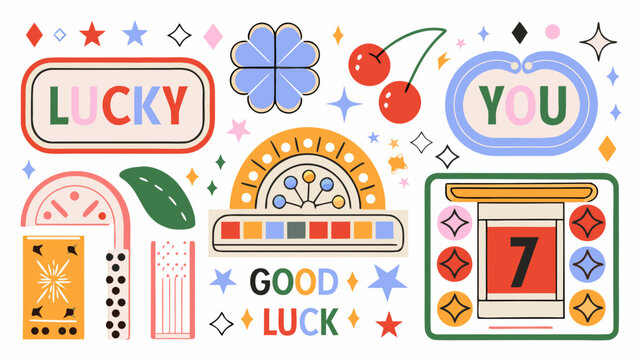 Collection of lucky casino themed vector illustrations with cherries clovers and dice on a white background