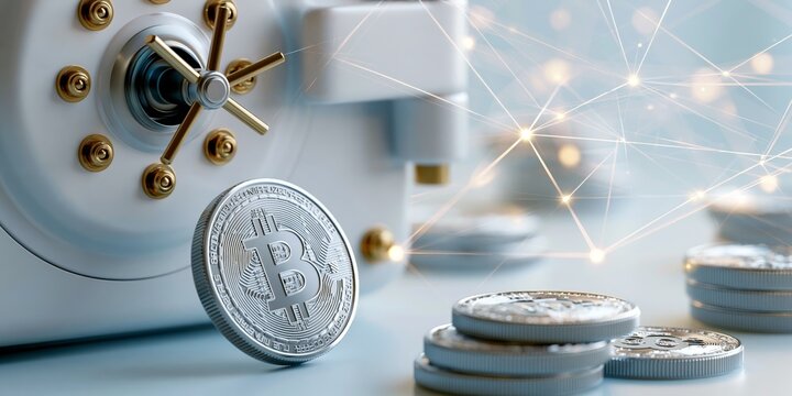 Physical cryptocurrency coins resting near a secure bank vault with glowing digital network connections representing blockchain technology.