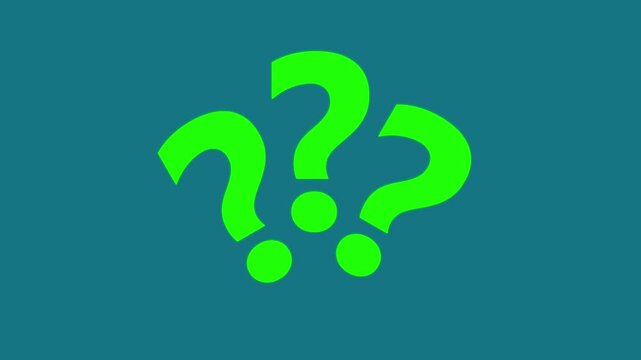 Bright green question mark symbols animation representing curiosity, inquiry concept, creative thinking and abstract minimalist design on teal background