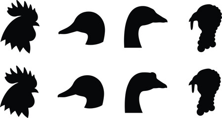 Bird Head Silhouettes Collection Featuring Rooster, Duck, Goose, and Turkey for Educational and Design Use © Sohel
