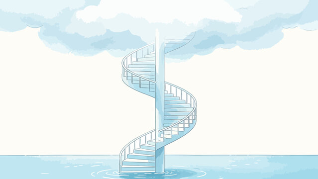 Surreal Illustration of a Floating Spiral Staircase Rising from Calm Water Toward Cloudy Sky