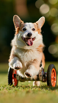 Cachorro Corgi feliz e ativo com defici&ecirc;ncia usando cadeira de rodas ortop&eacute;dica enquanto corre na grama do parque