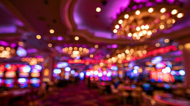 Abstract blurred background of a luxurious casino interior with vibrant neon lights, glowing chandeliers, and colorful bokeh from slot machines