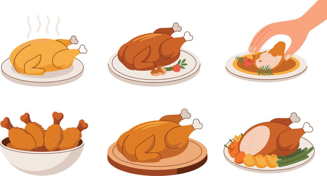 Roasted chicken and turkey vector collection featuring fried drumsticks delicious thanksgiving dinner plates and festive holiday food elements