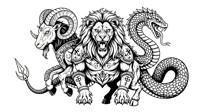 Mythological chimera creature with lion and goat heads