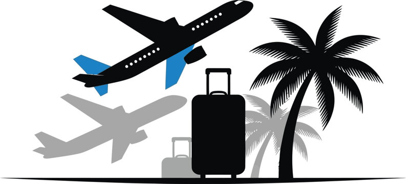 Airplane flying with palm tree and suitcase for travel