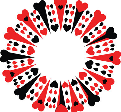 Circular pattern of red and black heart shapes