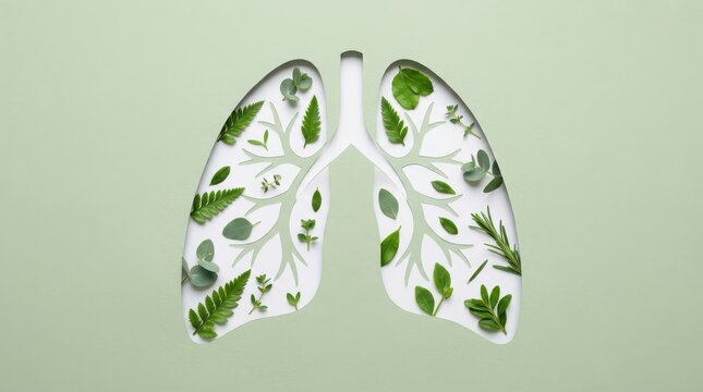 Human lungs shape with bronchial tree structure made of green leaves