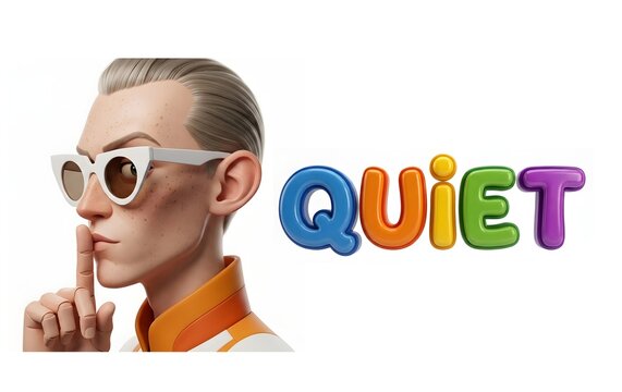 3d smooth render colorful well-dressed man with finger to lips shush hush quiet illustration white background