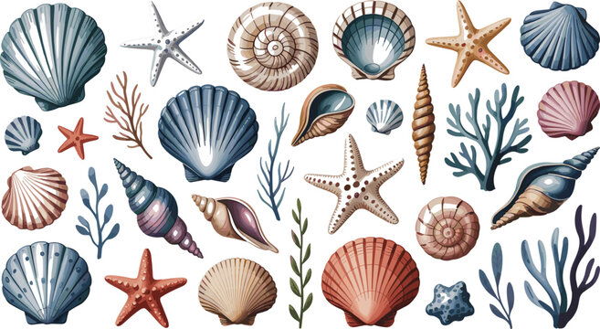 Watercolor seashells and starfish vector graphic collection featuring marine shells conch scallops coral and seaweed elements isolated on white background