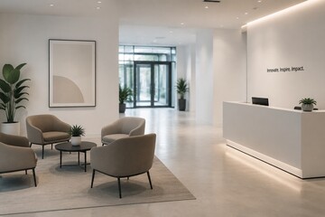 Fototapeta premium lobby. Minimalist office lobby with white walls and contemporary furniture in soft lighting. real-estate listings.