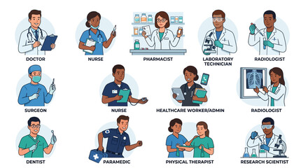 Fototapeta premium Diverse Set of Medical Professionals and Healthcare Specialists in Flat Vector Illustration Style