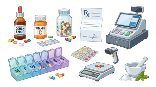Collection of pharmacy icons featuring medicine bottles pills prescription cash register and pill organizer on white background
