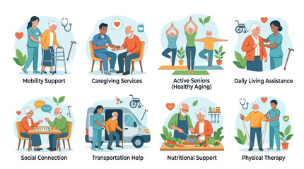 Fototapeta premium Senior Citizens Care and Nursing Assistance Service Concepts Set