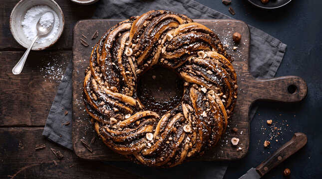homemade chocolate babka bread on a wooden table, food photography