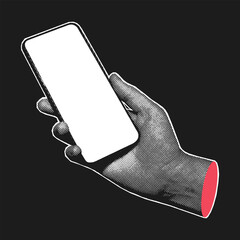 Halftone hand holding smartphone with blank white screen on dark background. Vector illustration for mobile, app, and digital communication concepts. © ad_stock