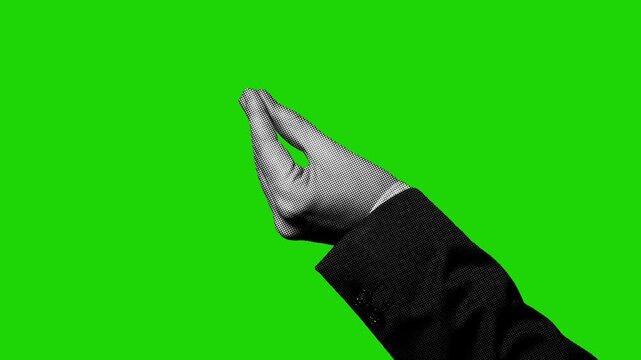 Halftone hand showing Italian pinched fingers gesture, swaying on green screen background. Retro pop art style, seamless loop suitable for chroma key compositing.