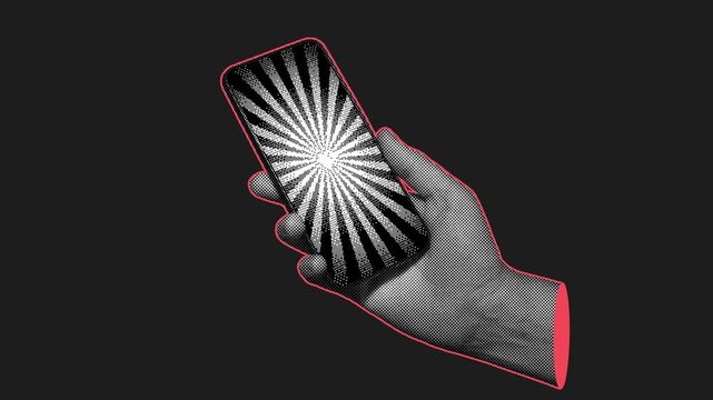 Halftone hand holding smartphone with hypnotic radial pattern on screen on dark background. Retro pop art style, seamless loop symbolizing doomscrolling and social media addiction.