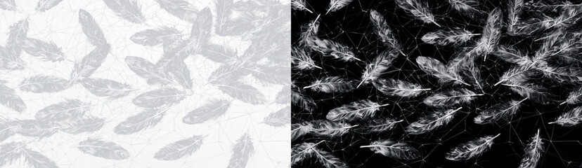 Abstract soft white feathers pattern with geometric wireframe background. Elegant light texture for luxury branding, wedding stationery, social media wallpaper and delicate digital © PNG