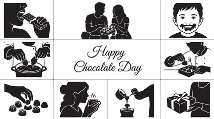 Obraz premium Happy Chocolate Day vector silhouettes, people eating and making chocolate sweets, cocoa dessert preparation icons, black and white confectionery set isolated on Transparent Background