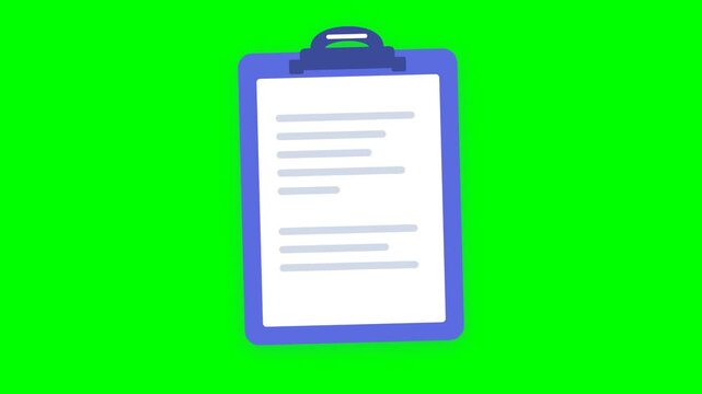 Flat illustration of a blue clipboard with document paper and text lines on a green screen background for digital video editing