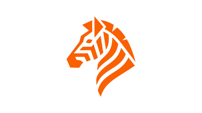 Stylized orange zebra head profile with geometric stripes.
