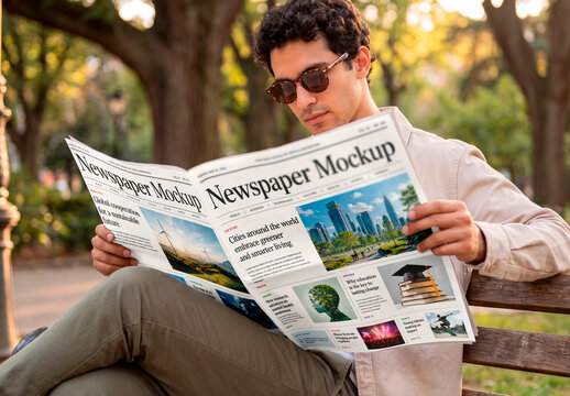Man Reading Blank Newspaper Mockup on Park Bench