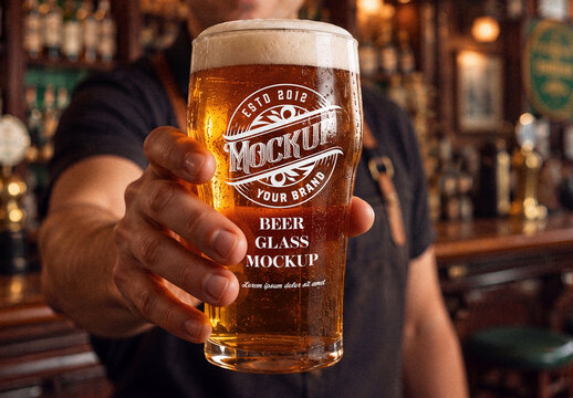 Beer Pint Glass Mockup Held in Irish Pub