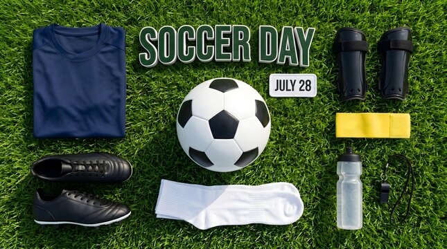 Soccer equipment, football gear, sports day, athletic accessories, July 28