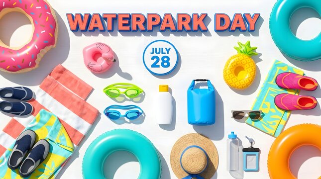 Waterpark fun, summer vacation, inflatable pool floats, beach accessories