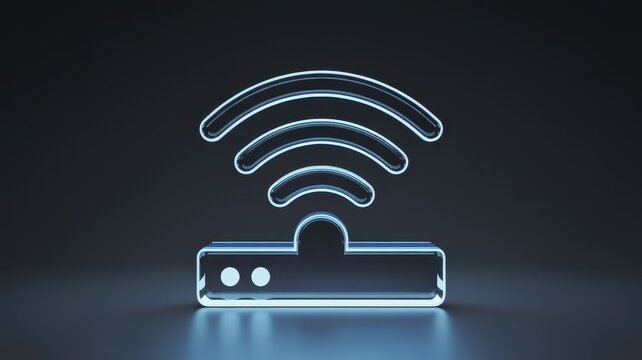 Glowing neon wifi router icon, futuristic wireless internet connection symbol, blue glass digital network technology concept on dark background