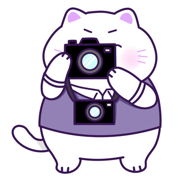 Cute white cartoon cat photographer holding a camera taking pictures, a funny kitten wearing a purple shirt, hobby and career illustration