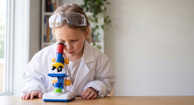 A young girl in a white lab coat and safety goggles looking through a toy microscope at a desk.