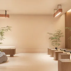 Fototapete Japandi Perspective view of japandi cafe interior wall mockup with wooden stools  © alfat