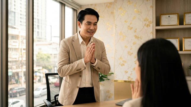 Generative AI, Asian businessman greeting a client with a wai gesture in the office