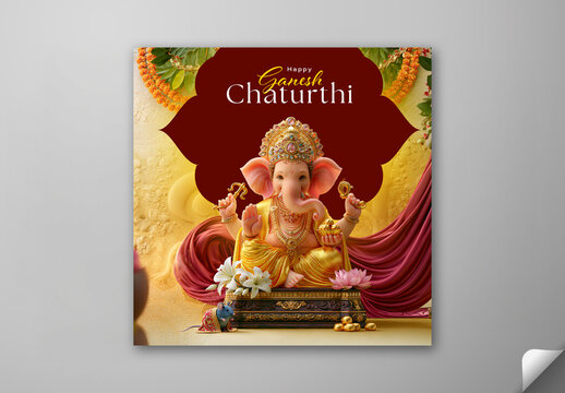 Editable Happy Ganesh Chaturthi Social Media Greeting Post Template with Lord Ganesha Idol Near Adorable Rat on Festive Decorations Background.