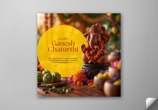 Editable Happy Ganesh Chaturthi Social Media Greeting Post Template with Clay Lord Ganesha Idol in Front of Green Pistachio Laddus on Festive Decorations Background.