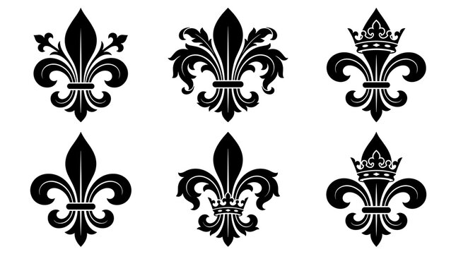 Set of six black fleur de lis damask ornaments, vintage heraldic royal symbols, ornate decorative motifs for luxury branding and classic design