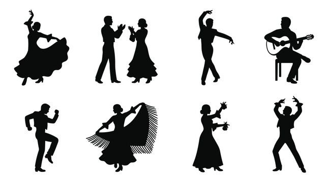 Set of black silhouettes of flamenco dancers and musicians, expressive pose and movement, traditional cultural dance, rhythm, passion and performance