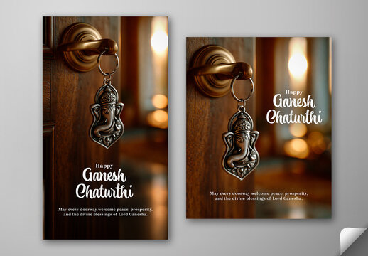 Editable Happy Ganesh Chaturthi Social Media Greeting Post and Story Template Design with Lord Ganesha Metallic Keychain Hanging on Door Handle Closeup Photo.