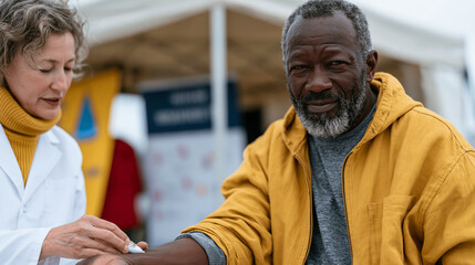 Naklejka premium World Diabetes Day community health screening, a nurse performing a finger-prick blood glucose test on a middle-aged man at an outdoor wellness tent, informational banners visible