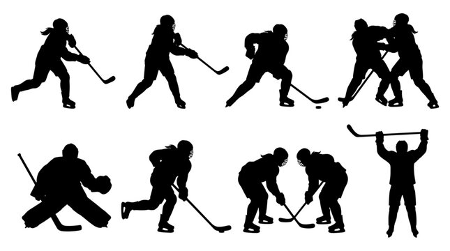Ice hockey player silhouettes collection set, action poses including shooting, skating, fighting, and celebrating on a white background, sport
