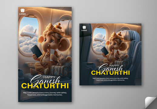 Editable Happy Ganesh Chaturthi Social Media Greeting Post and Story Template Design with 3D Cute Baby Lord Ganesha Sitting on Airplane Window Seat Holding Passport Near Adorable Rat on Suitcase.