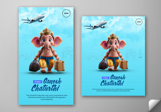 Editable Happy Ganesh Chaturthi Social Media Greeting Post and Story Template Design with 3D Cute Baby Lord Ganesha Carrying Suitcases Over Flying Airplane on Blue India Famous Monuments Background.